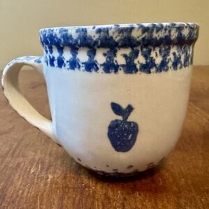 Tienshan Folk Craft Blue Sponge Hearts Mug Country Pottery Coffee Cup